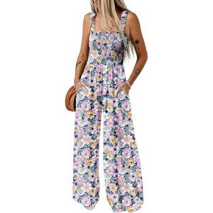 Muted Floral Pattern Smocked Top Sleeveless Jumpsuit Pink Purple